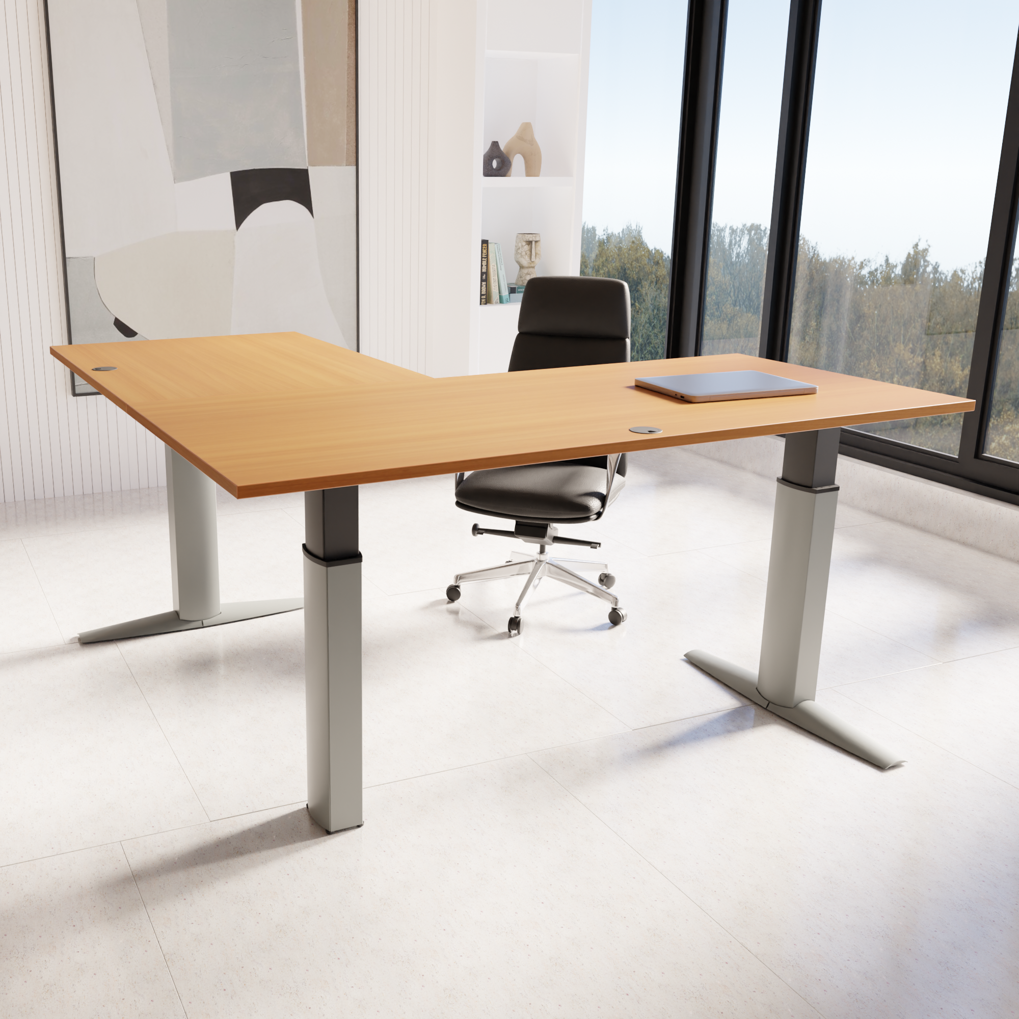Electric Adjustable Desk | 160x160 cm | Beech with silver frame