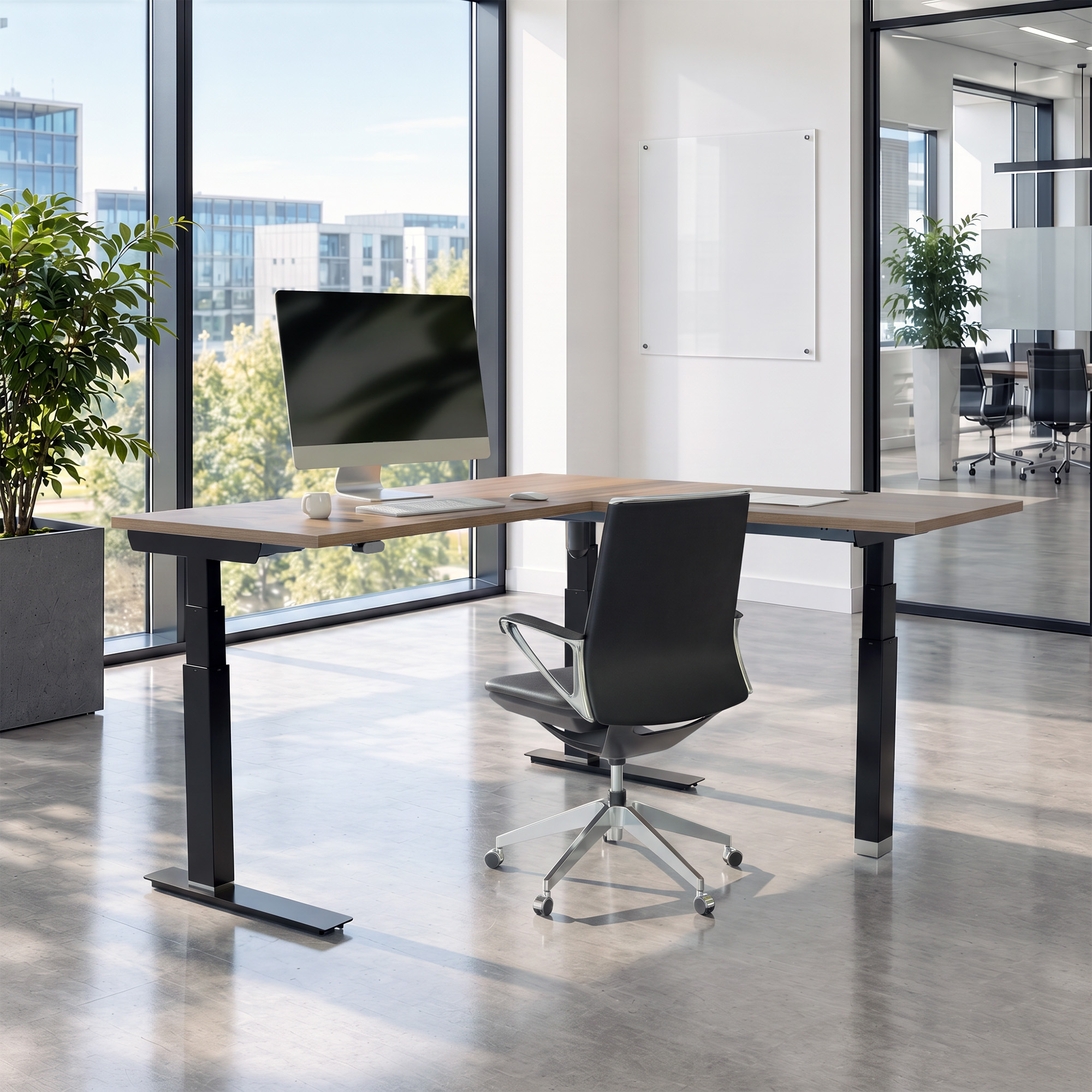 Ergonomic desk | 180x180 cm | Walnut with black frame