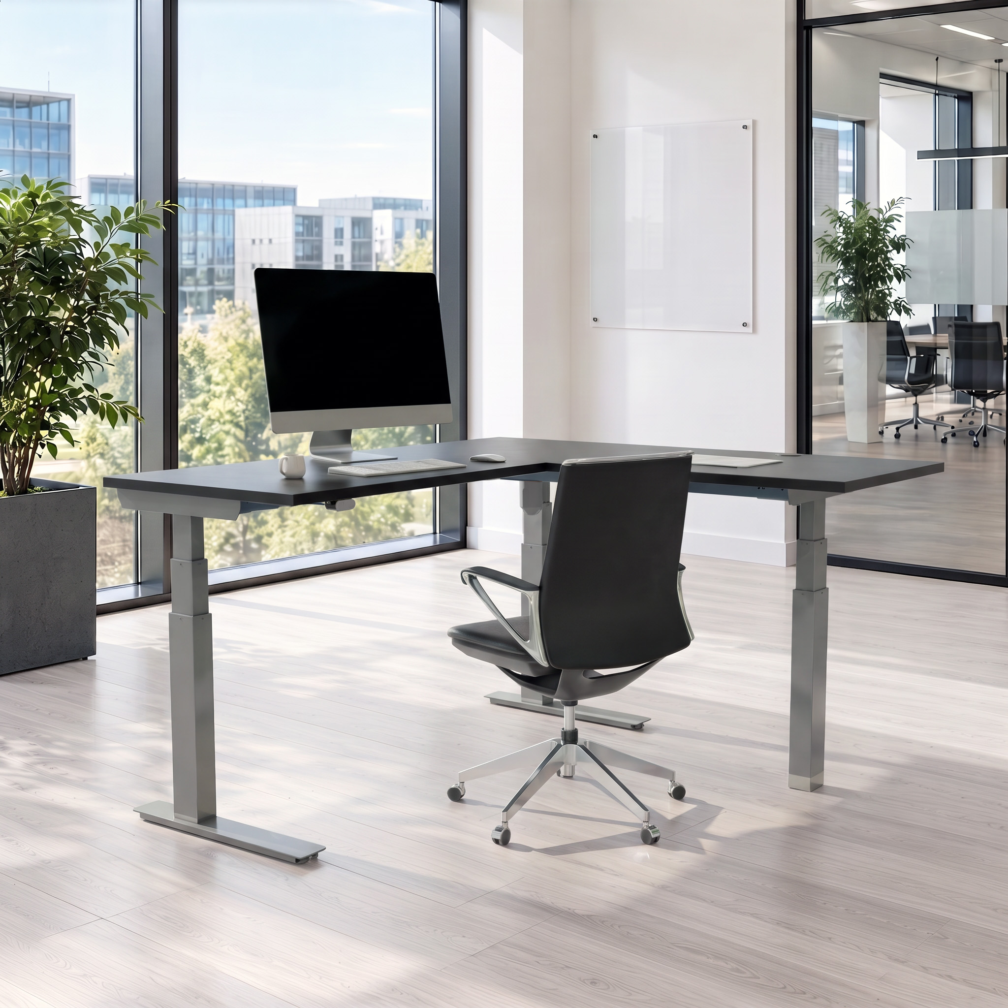 Ergonomic desk | 180x180 cm | Black  with silver frame