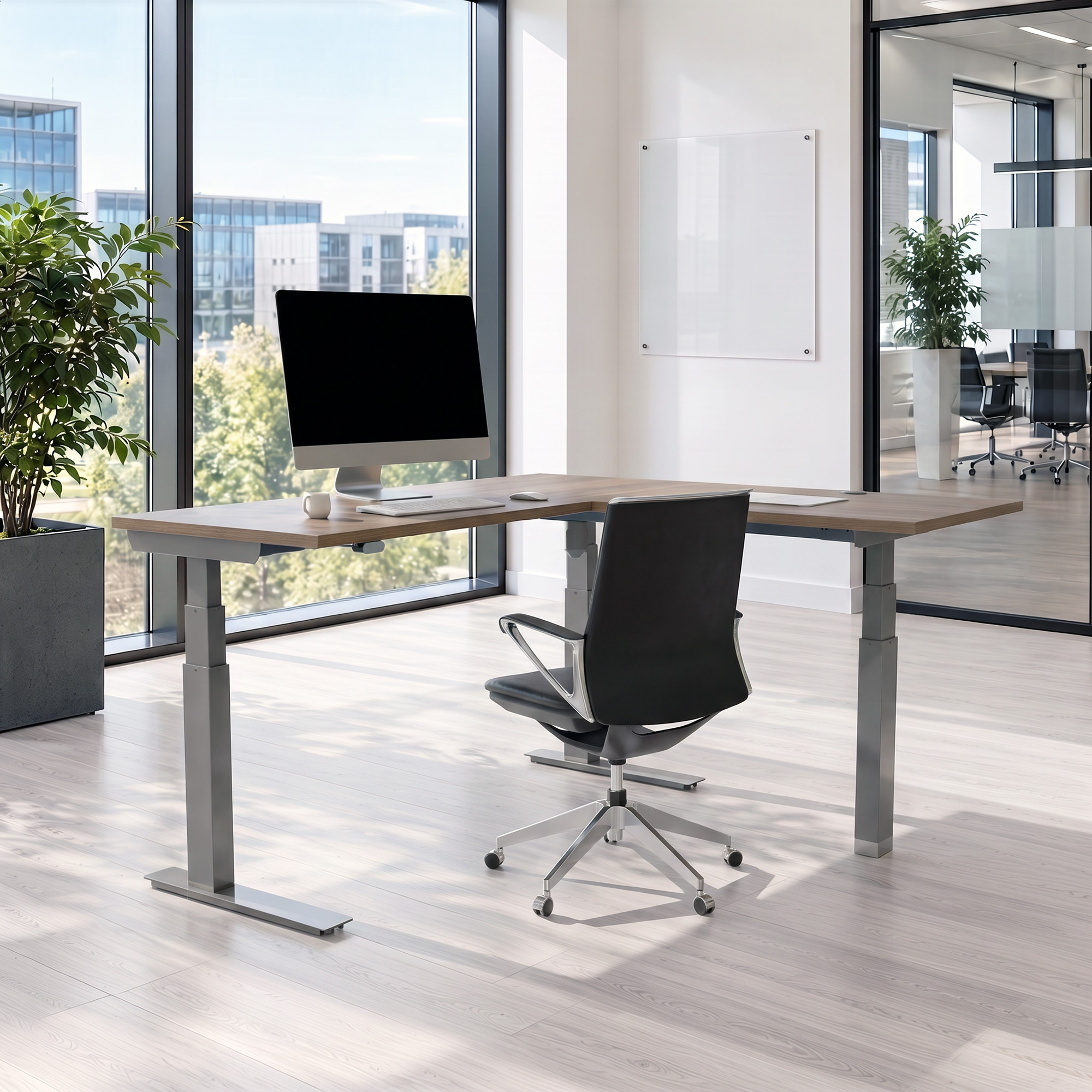 Ergonomic desk | 180x180 cm | Walnut with silver frame