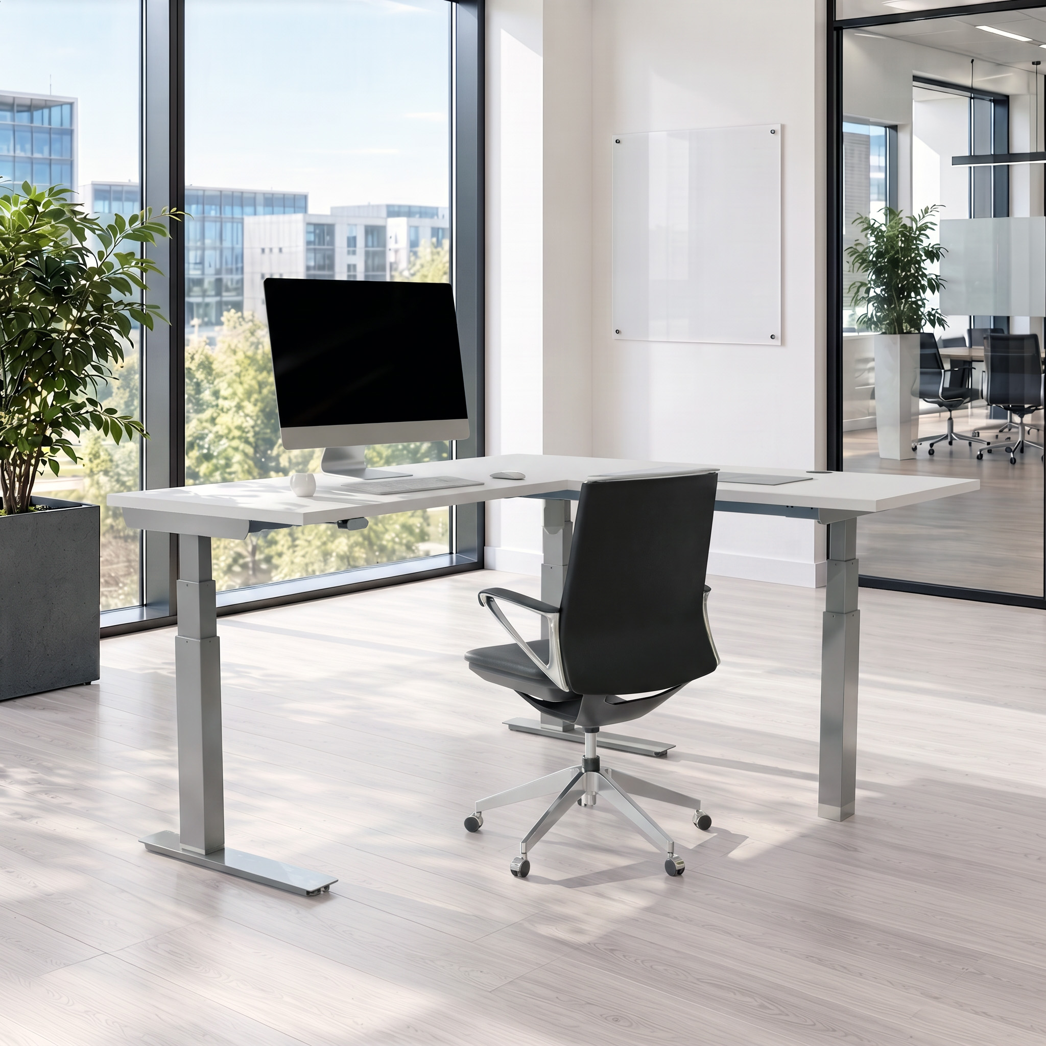 Ergonomic desk | 180x180 cm | White with silver frame