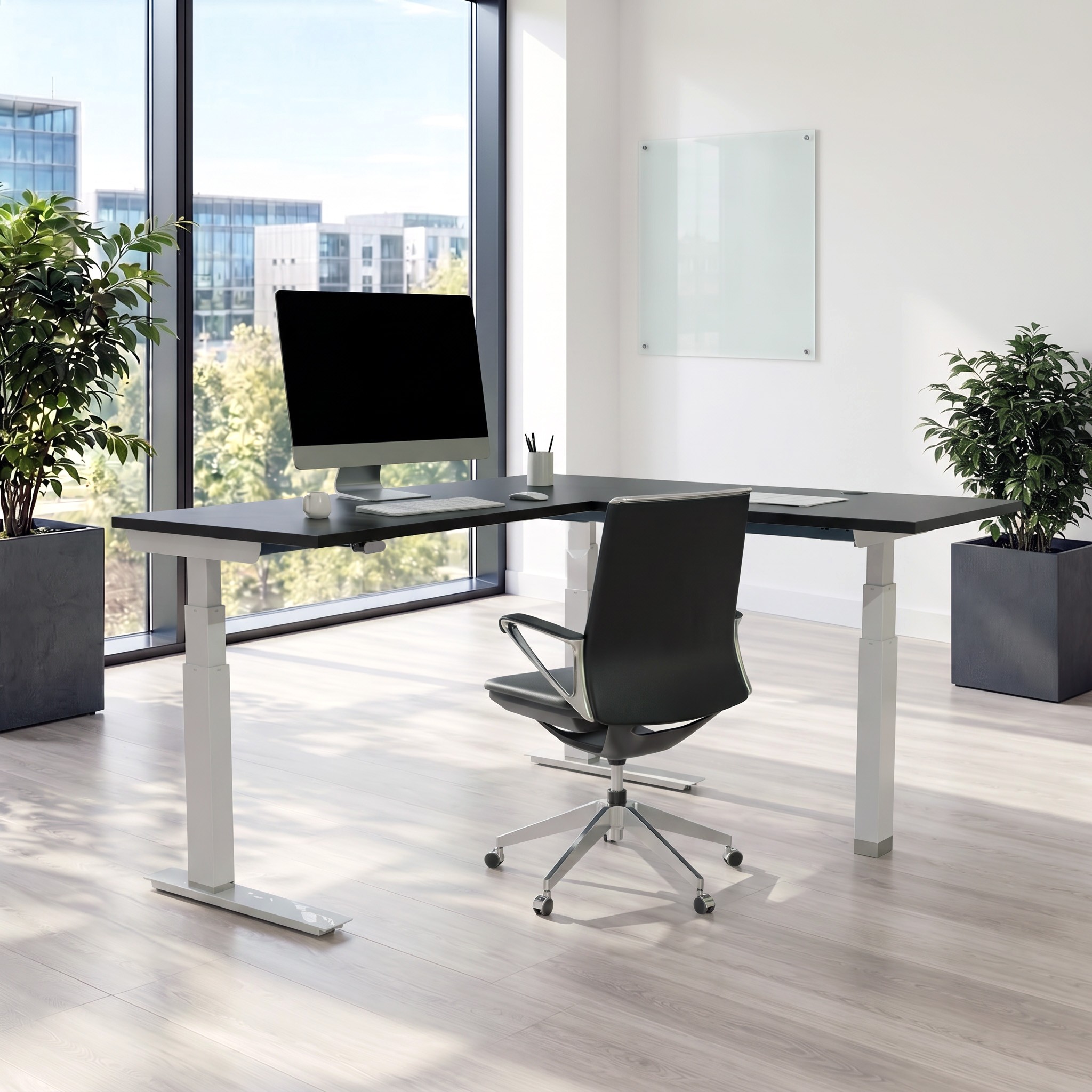 Ergonomic desk | 180x180 cm | Black  with white frame