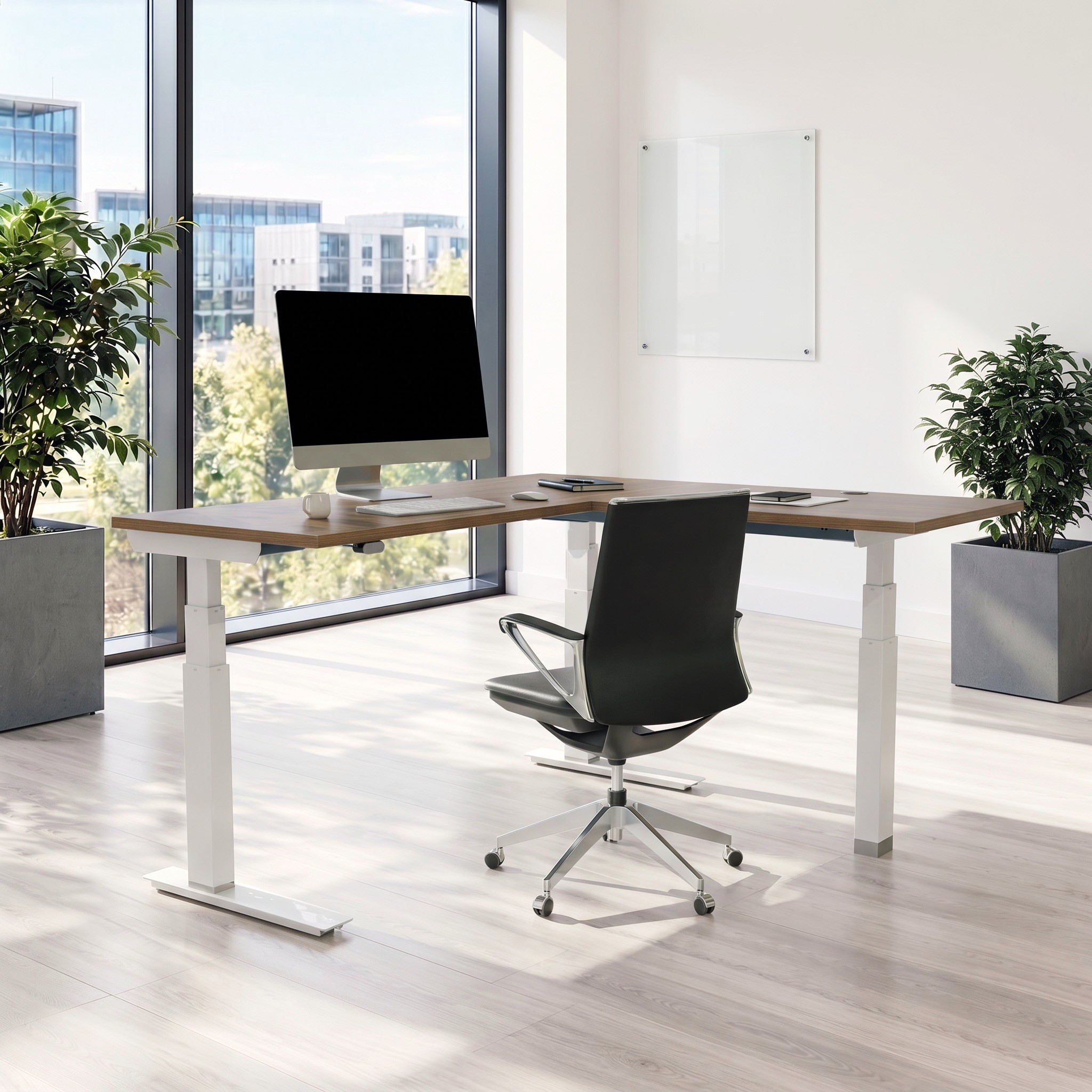 Ergonomic desk | 180x180 cm | Walnut with white frame